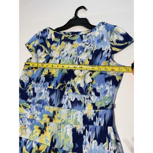 AGB Blue Yellow Floral Sheath Dress Cap Sleeve Midi Stretch Twill Size 14 - Picture 6 of 11